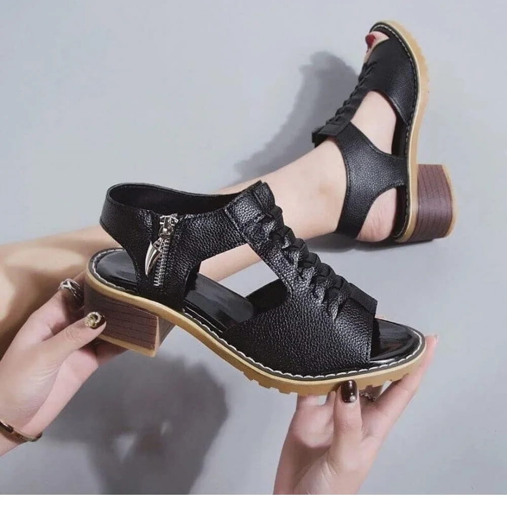 Black Leather Lace-Up Sandals with Perforated Design - Picture 4 of 6